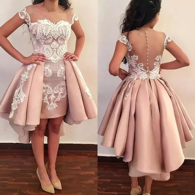 

Sheer Neck Prom Dresses 2020 Pink Lace Applique Satin Short Front Long Back A Line Tea Length Evening Gowns Cap Sleeves Customiz