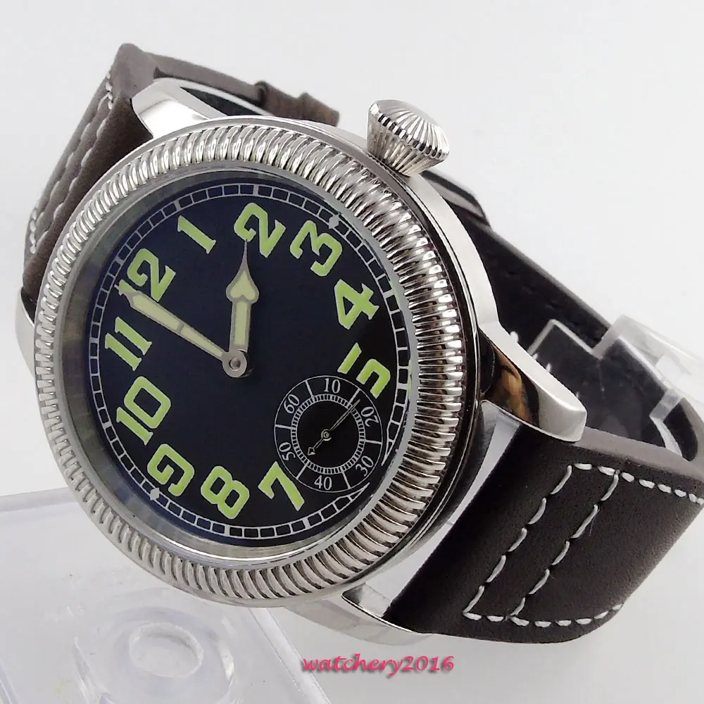 

44mm parnis black sterile dial leather strap sea-gull 6498 hand winding mens watch