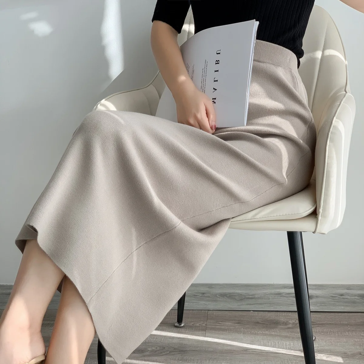 2021 Spring Autumn Women's Korean Black Skirt Women Solid Color Knitted High Waist Midi Skirts Jupe Femme Faldas Mujer Moda Y386 red skirt