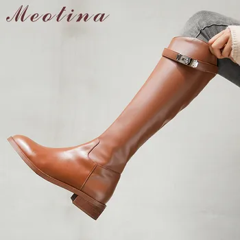 

Meotina Autumn Knee High Boots Women Natural Genuine Leather Block Heels Riding Boots Buckle Zipper Shoes Lady Winter Size 34-39