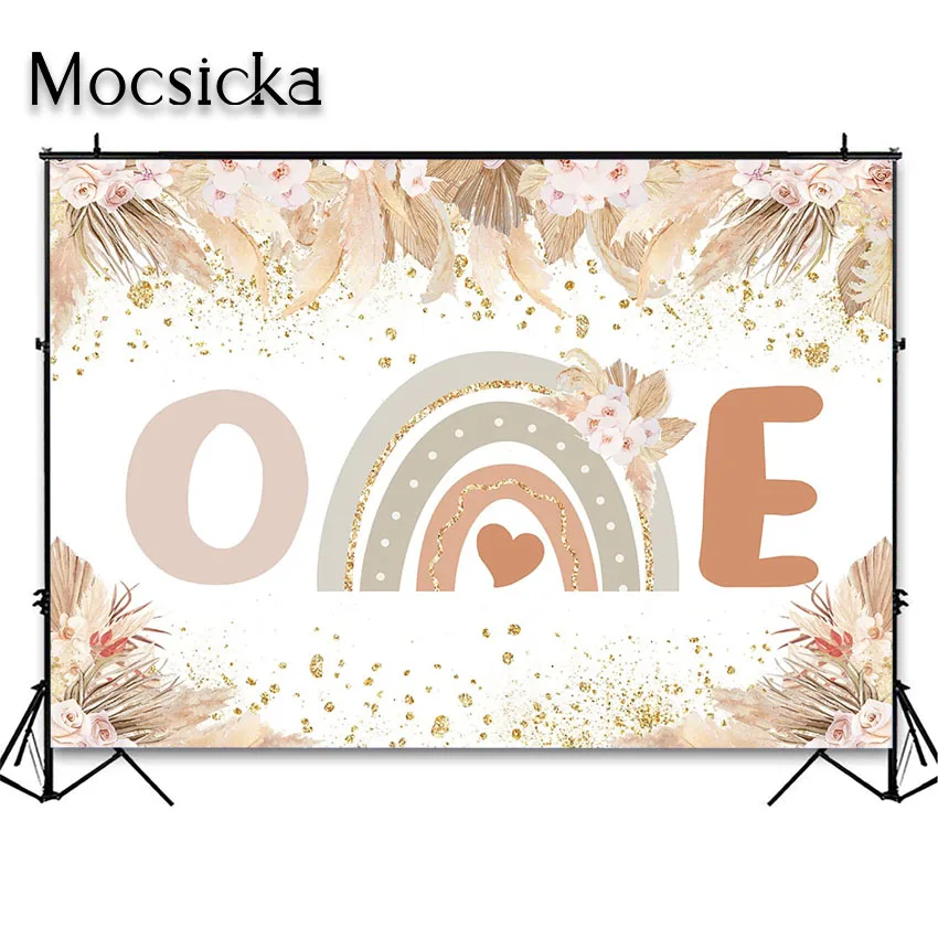 Photo Backdrop Party Decoration Mocsicka Bohemian Rainbow Birthday Backdrop Pampas Grass Boho 1st Birthday Party First One Cake Smash Background