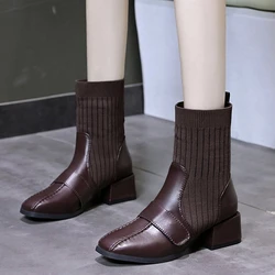 Women's High-heeled Short Boots 2021 Winter Leather Stitching Short Boots Knitted Square Toe Thick-heeled Women's Socks Boots