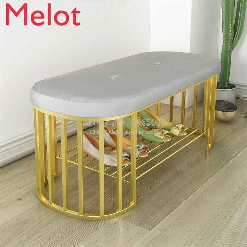 

Golden Metal Frame Shoe Storage Stool Living Room Shoe Rack Simple Change Shoe Bench Organizer Flax Cushion Shoes Cabinet