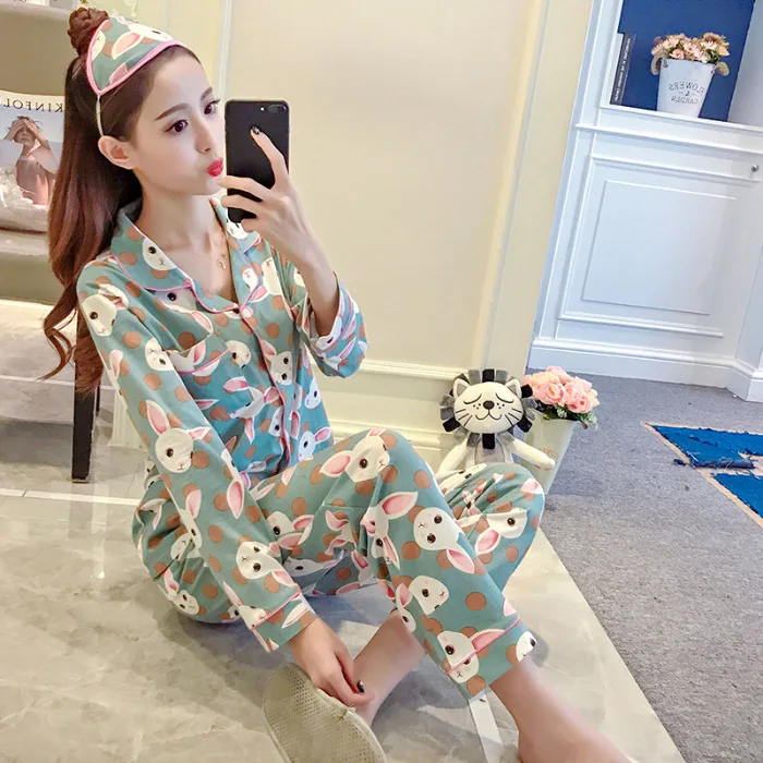 

Hot Selling Spring And Autumn Korean-style Cartoon Cardigan Cartoon Green Rabbit Women Pajamas Homewear Set Women's