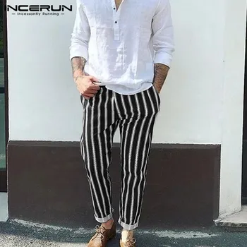 

INCERUN Men Striped Fashion Wide Leg Pants British Casual Retro Slim Joggers Sweatpants Streetwear Mens Stretch Elastic Trousers