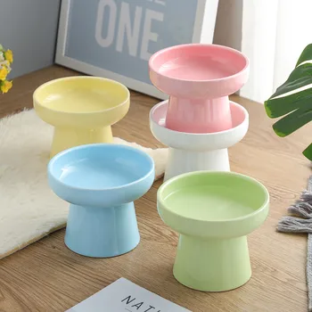 

New Candy Color Ceramic Cat Bowl Tall Aristocratic Feeding Bowl Cervical Protection Spinal Dog Pet Supply