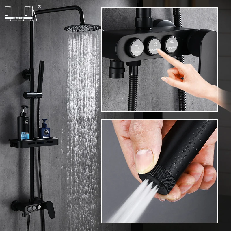 Black Rainfall Shower Faucets Set Wall Mounted Rain Shower Faucet Storage Bath Mixer Tap Hot Cold with Hand EL3903