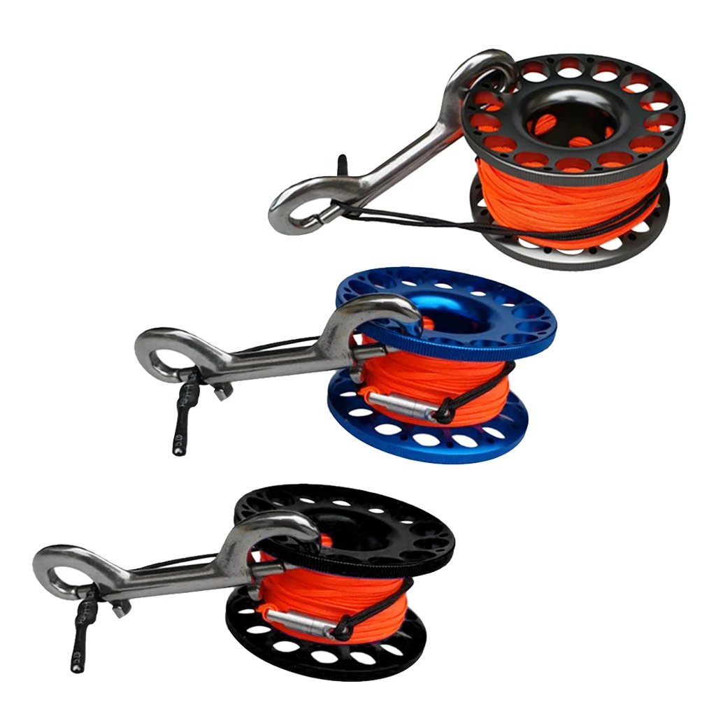 3x Multi Purpose Premium Aluminum Alloy Finger Reel Spool& 30m Line, Double Dual End Bolt Clip Blue+Grey+Black Wheel