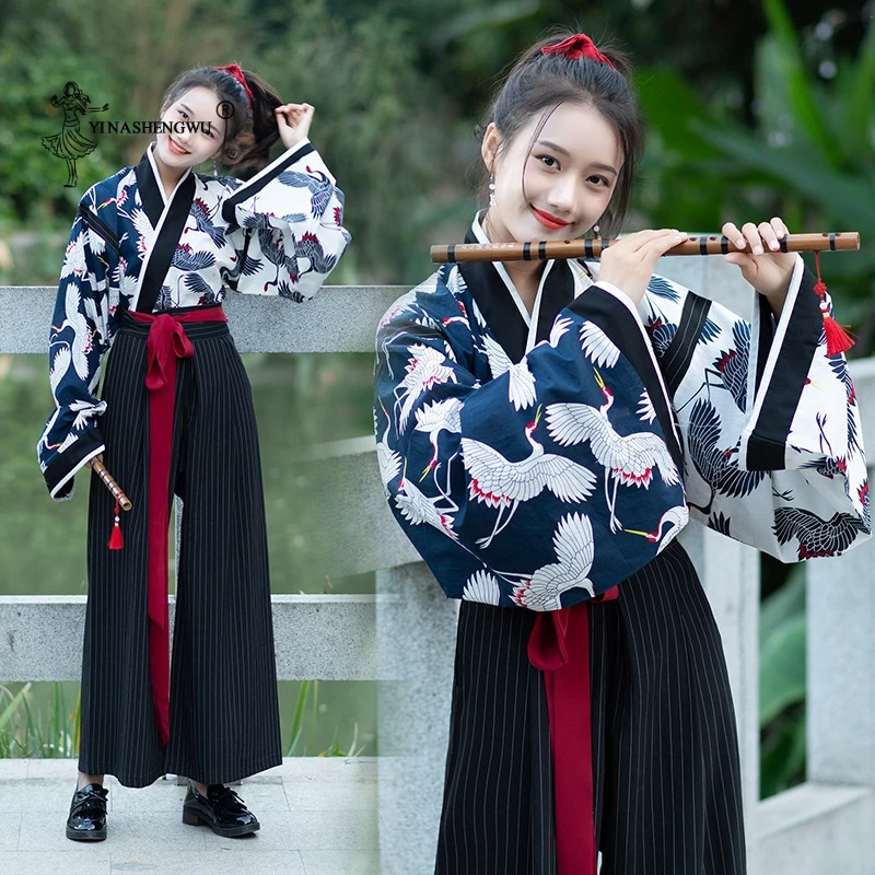 

Traditional Japanese Kimono Set National Style Women's Clothing Cardigan Kimono Hanfu Performance Printed Crane Retro Chinese