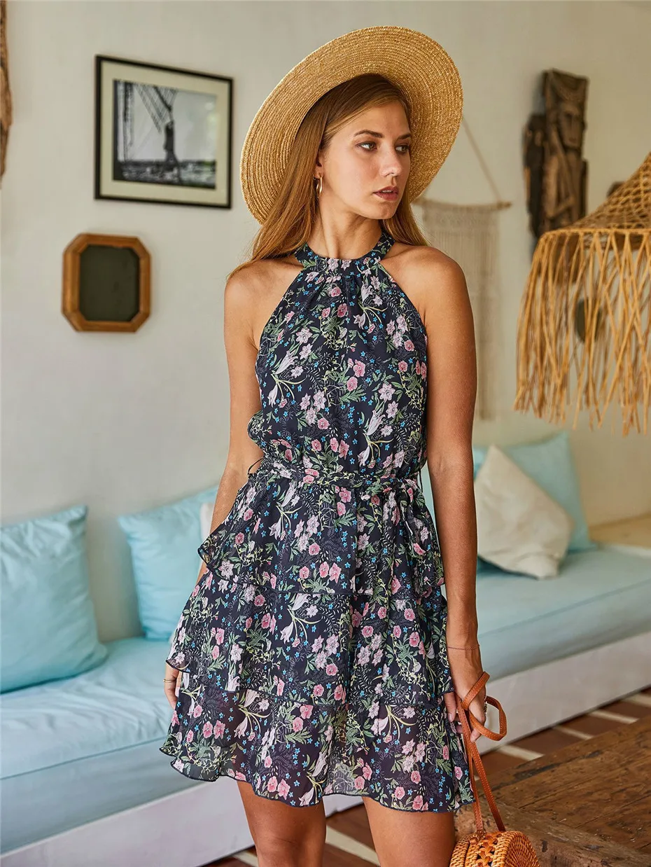 Dropship Summer Dress For Women Chiffon Sexy Mini Dress Print Ruffle Dresses Floral Party Sleeveless Casual Dresses Women Summer