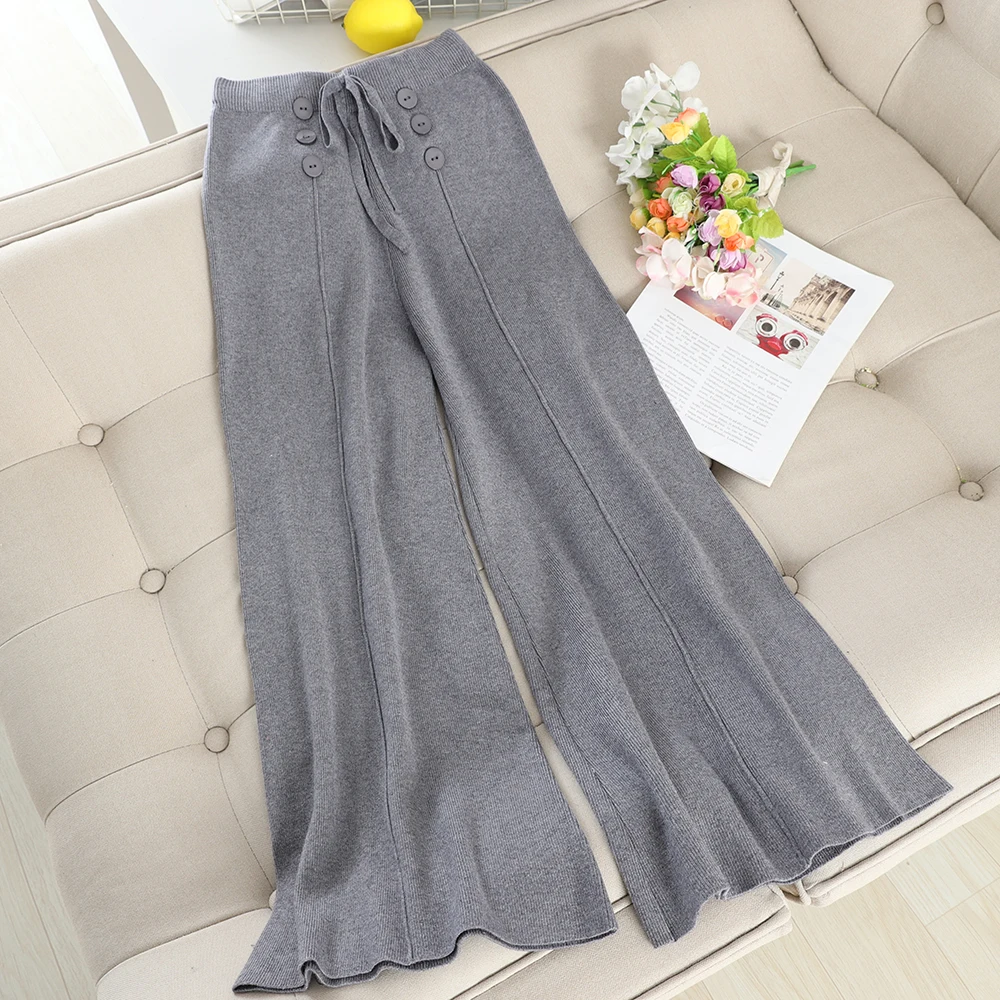 SINGRAIN новые женские трикотажные брюки уличная эластичная талия длинные широкие ноги Трикотажные панталоны брюки корейский свитер брюки - Цвет: gray
