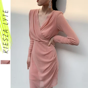 

2020 Spring New Women Knit Dress Ruffled V Neck Slim Long Sleeves Buttocks Irregular Sweet Pink Thin Sexy Cocktail Party Dresses