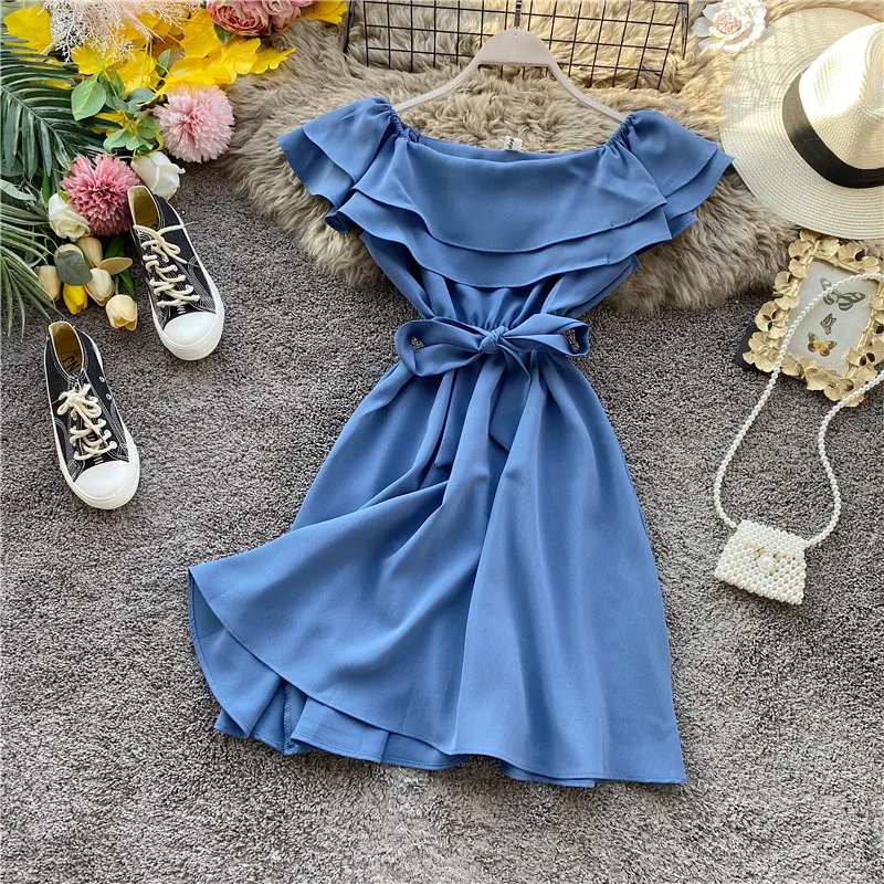 SINGRAIN Summer Women Off Shoulder Dress Bohemian Romantic Ruffle Sundress Party Holiday A-Line Retro Solid Chiffon Beach Dress