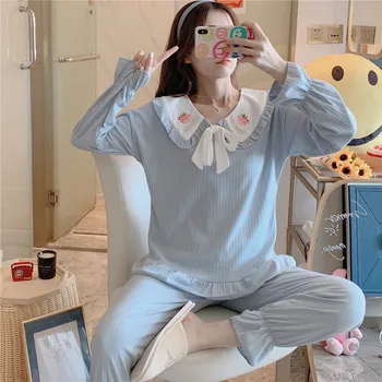 

Blue Sweet Bow 2PC Pajamas Set Lady Cotton Cute Peter pan Collar Shirt&Pant Nightwear Autumn Pijama Letter Strawberry Home Wear