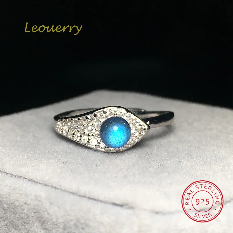 Leouerry 925 Sterling Silver Natural Blue Moonstone Open Rings Women Elegant Leaf Design Labradorite Finger Ring For Wedding