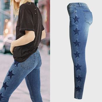 

Side Stripe Star Embroidered Jeans For Women Plus Size Stretch Curvy Skinny Jeans Push Up Denim Pants Female Tight Pencil Jeans