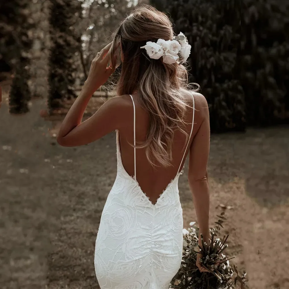 simple wedding dresses Boho Mermaid Wedding Dresses Spaghetti Straps  Lace Backless Beach Sexy V-Neck Bohemian Bridal Gowns Elegant Vestidos De Noiva tea length wedding dress