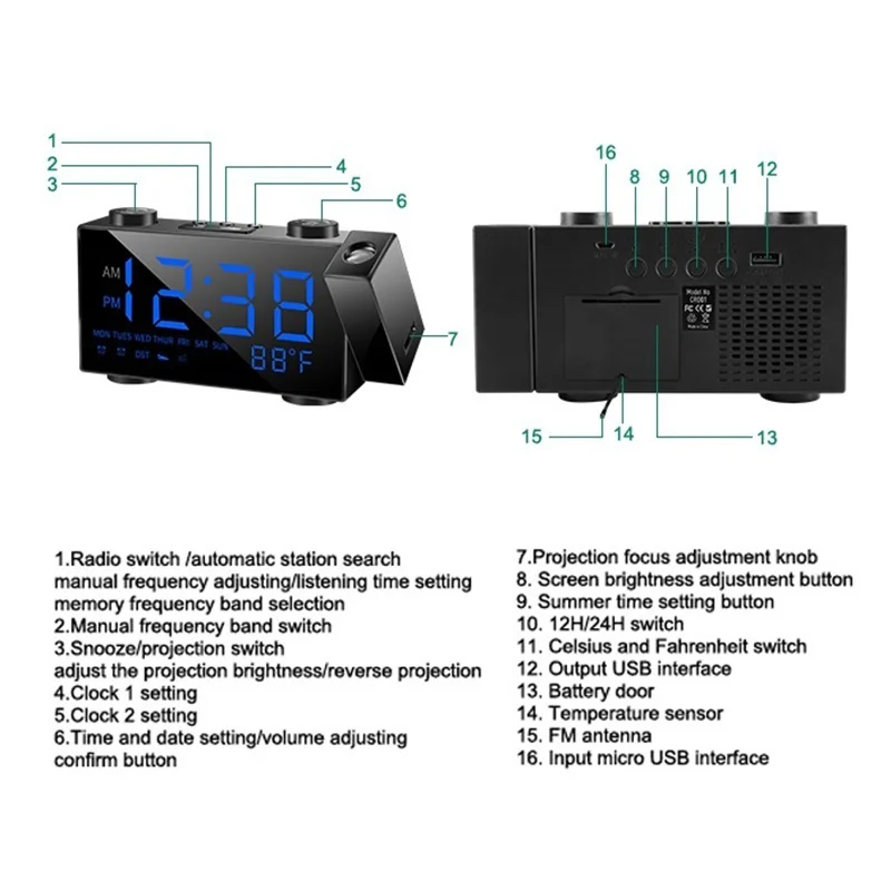 LED FM Radio Alarm Clock Digital Time Projection Desk Clock Snooze Function Temperature Display USB