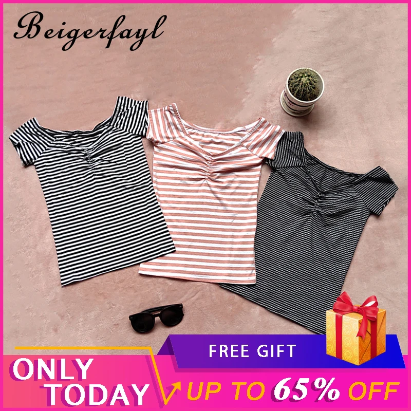Beigerfayl футболка Camisetas Mujer Manga Corta полосатый дропшиппинг с открытыми плечами Топ для