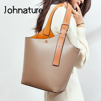 

Johnature Fashion Broadband Women Bucket Bag Handbag 2020 New Genuine Leather Leisure Large Capacity Solid Color Shoulder Bags