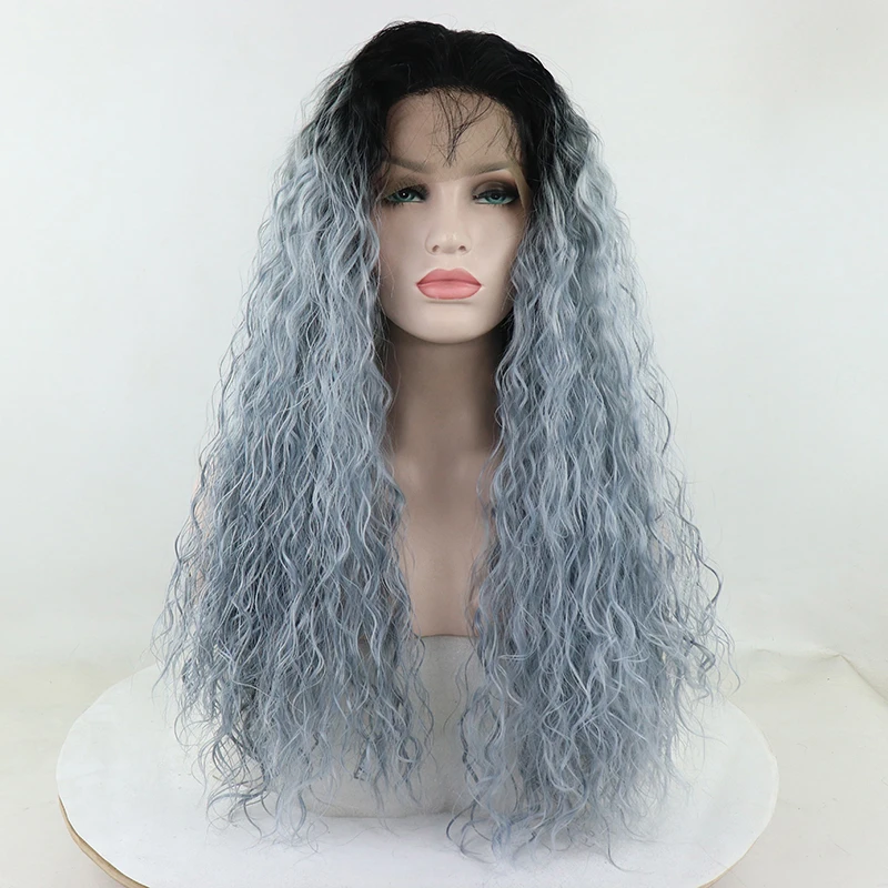 

Noble Long Black Ombre Colored Wig Deep Wave High Temperature Fiber Middle Part 180% Heavy Density Lace Front Synthetic Wigs