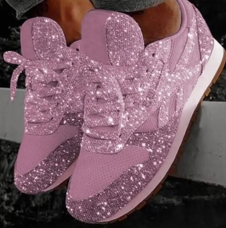 Новинка года; повседневные женские шикарные кроссовки на плоской подошве; женская Вулканизированная обувь; женские кроссовки, увеличивающие рост; сверкающие кроссовки для бега - Цвет: Розовый