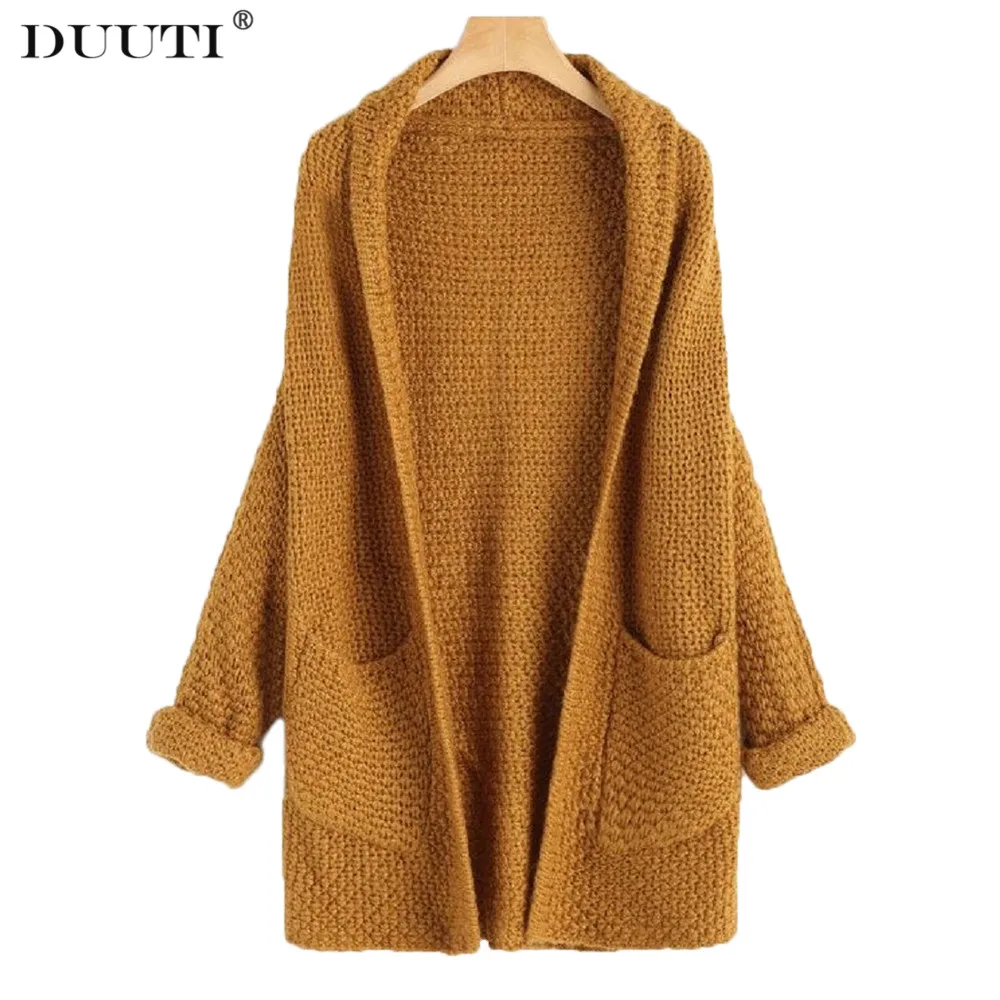 

Fashion Cardigan Women Open Front Jumpers Tricot Casual Knitted Sweater Solid Color Thick Warm Winter Outwear Ginger Yellow D30