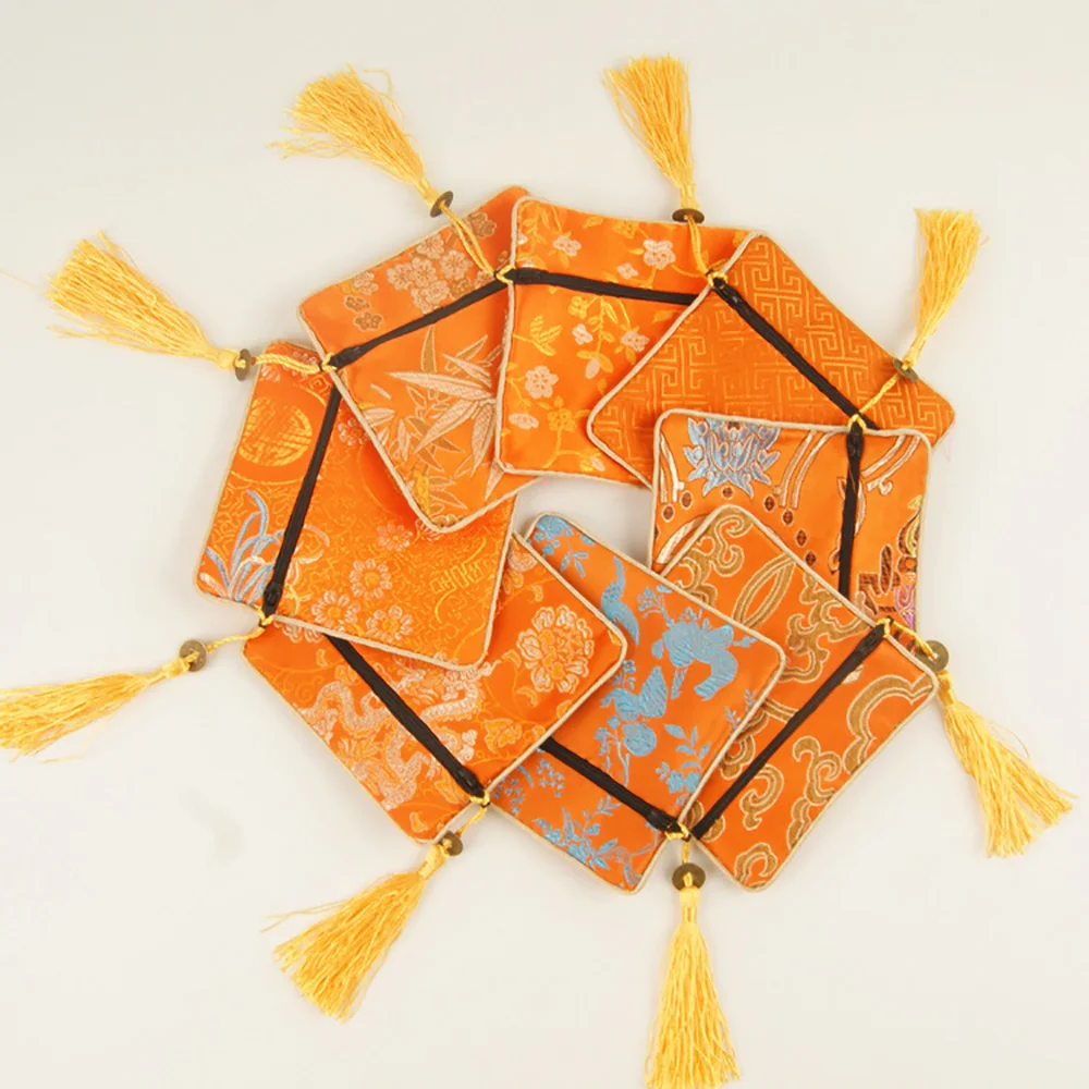 Orange Модные новые китайские шелковые парчи Кошельки для монет на молнии маленькая Ювелирная сумка с кисточками универсальная сумка для телефона подарки для детей - Цвет: Orange