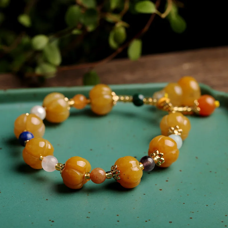 New Xinjiang Golden Jade Bracelet Drum Bead Pumpkin Bead String Topaz PI Xiu Bracelet Charm Bracelet