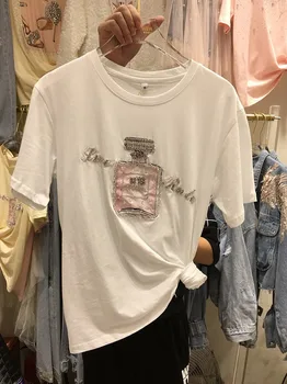 

Heavy Parquet Tiles Coat 2020 Summer New Handmade Beaded Sequin Perfume Bottle Ice Silk Cotton T-shirt