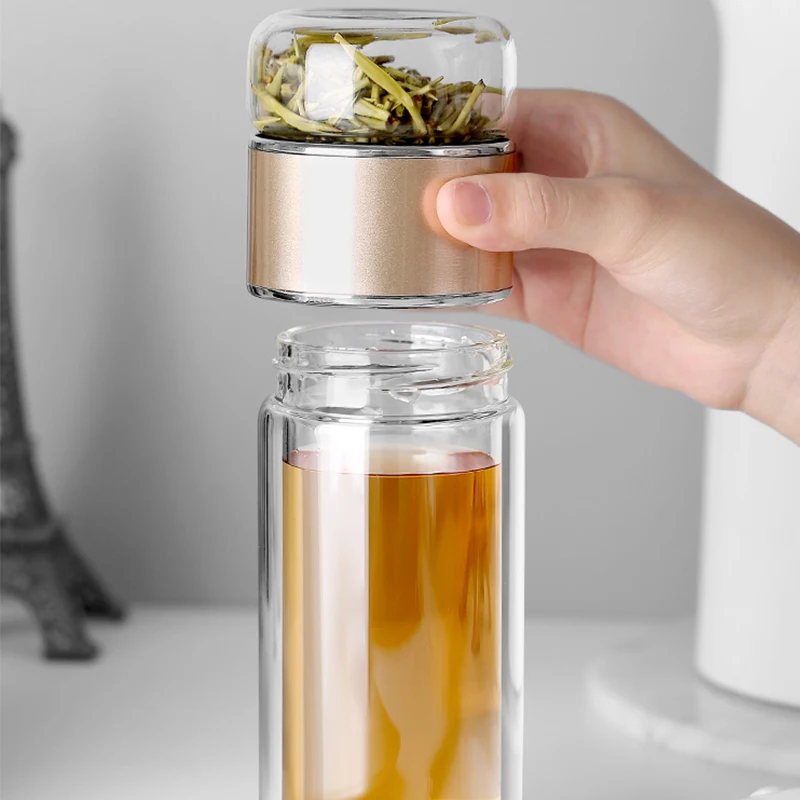 390 ml tevandflaske med højt borosilikatglas, dobbeltlags tevandkop, infuser, tumbler, drikkeglas, vandflaske med tefilter_voghion.com