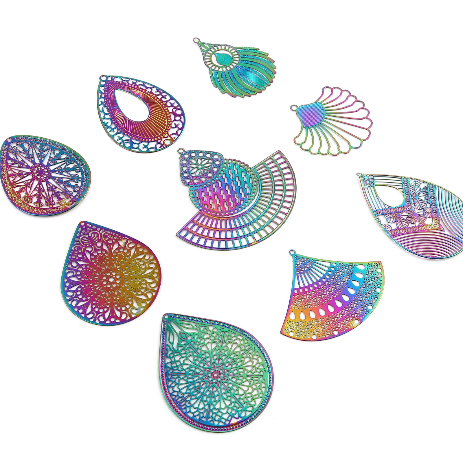 

5 PCs Iron Based Alloy Water Drop Filigree Stamping Pendants AB Color Hollow Flowers Charms Multicolor For DIY Earrings Making