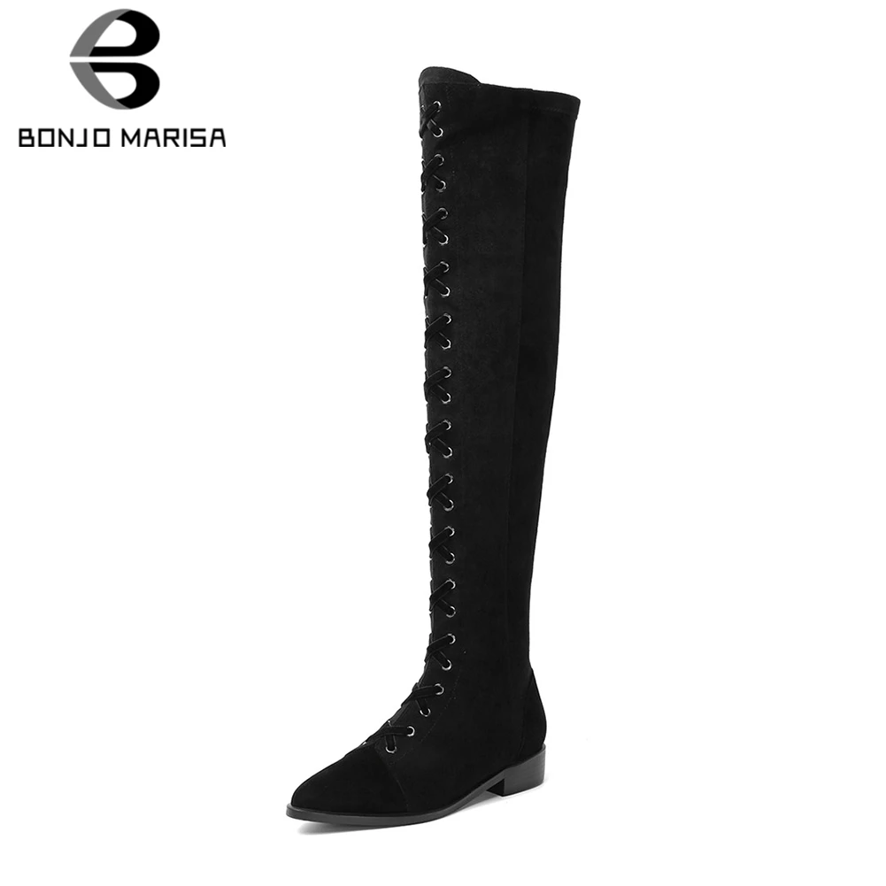 

BONJOMARISA Brand New women's Genuine Leather Thigh High Boots Pointed Toe Ladies Chunky Heels Shoes Woman Over The Knee Boots