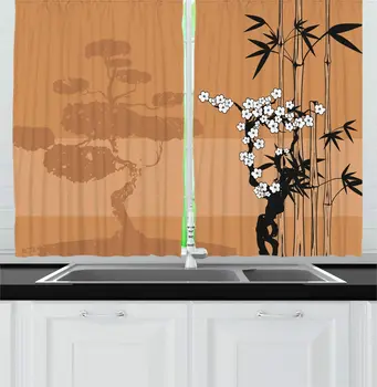 

Pale Cinnamon Multicolor Outdoor Kitchen Curtains Japanese Art Style Illustration with Bamboos Cherry Blossoms for Kitchen Cafe
