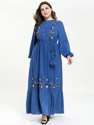Цветочной вышивкой Абая, для мусульман Для Женщин Платье макси с длинным рукавом исламский кафтан Дубай Кнопка халат джилбаба Турция