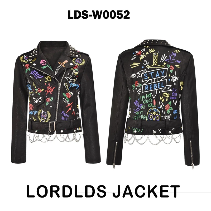 white bubble coat LORDLDS Red Leather Jacket Women Graffiti Colorful Print Moto Biker Jackets and Coats PUNK Streetwear Ladies Clothes waterproof parka Coats & Jackets