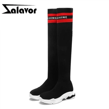 

ZALAVOR Women Over Knee Boots Mixed Color Thick Bottom Stretch Botas Ladies Fashion Woman Shoes Winter Footwear Size 34-40