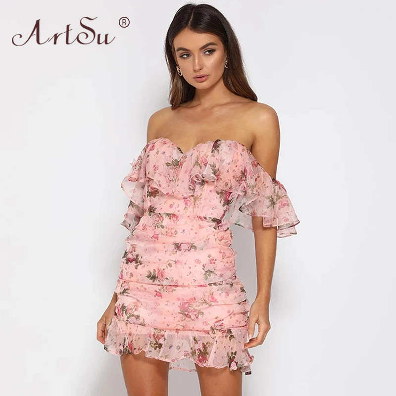 Off the shoulder floral print ruffled dress Clearance