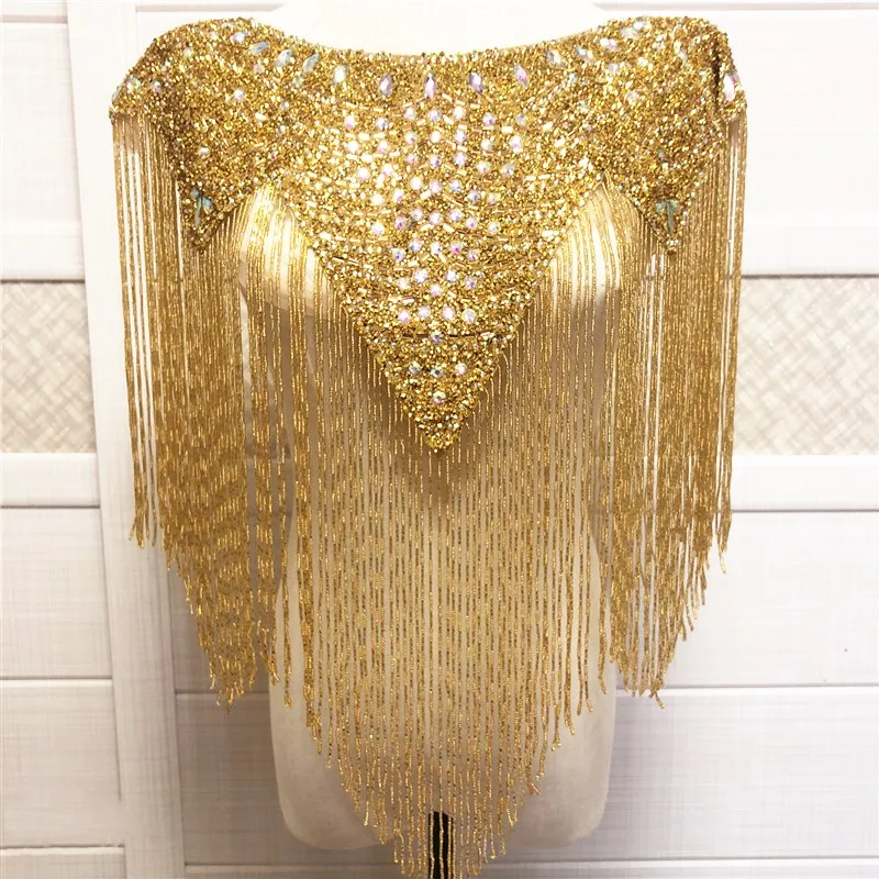 new Wedding wedding handmade double side  crystal beaded Neckline  collar appliques with tassels  Fringe l