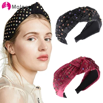 

Molans Multi Crystal Embellished Headbands Solid Soft Velvet Woven Top Knot Hairbands for Women Fashion Rhinestone Wide Headband