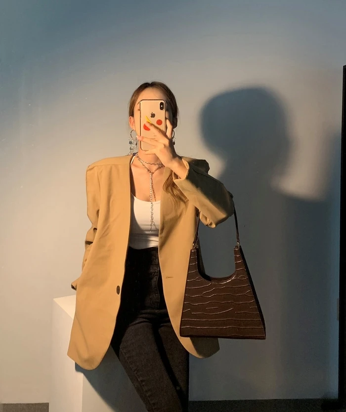 Korean Fashion Women Office Work Blazers Brown Black Solid Color Belted Slim Blazer Coat