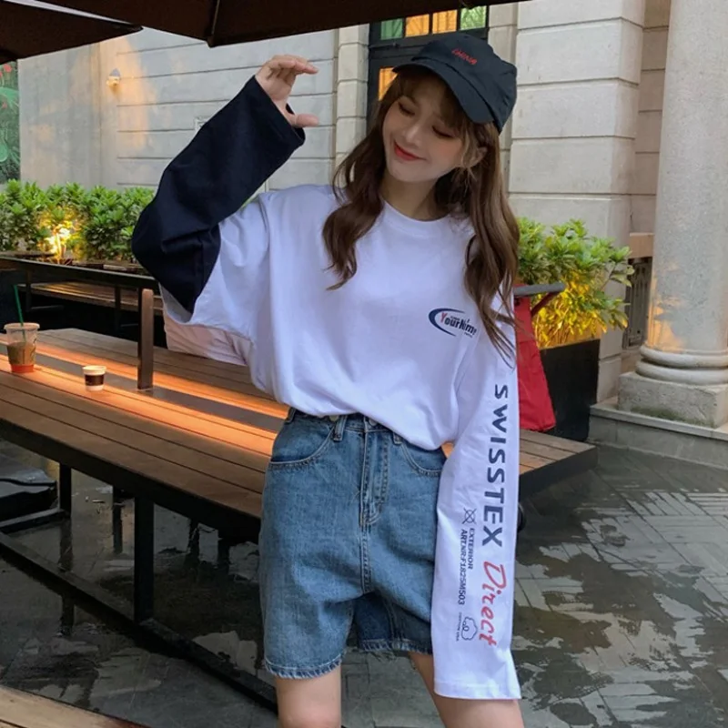 Xian 152 bai Harajuku/женская футболка с длинным рукавом в стиле хип-хоп, Ulzzang, футболки в Корейском стиле с буквенным принтом, осенние модные черно-белые топы для девочек - Цвет: Xian 152 bai