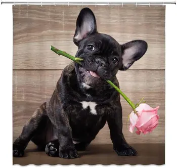 

Animal Dog Shower Curtain Black Puppy Wooden Board Pink Rose Shower Curtain Home Decor Fabric Bathroom Curtain