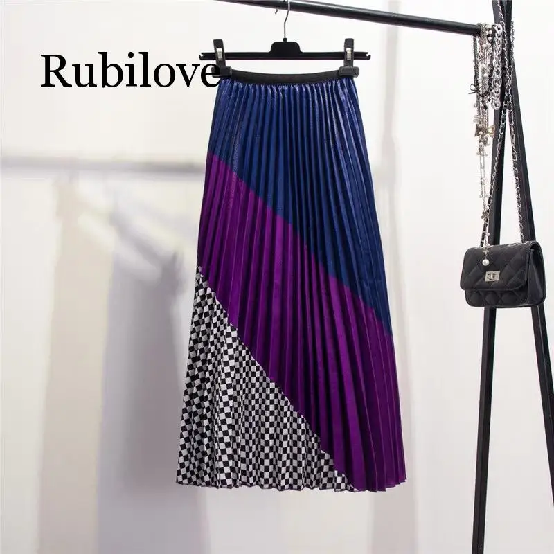 Rubilove, летние женские юбки, корейская мода, женская Радужная юбка с высокой талией, трапециевидная плиссированная юбка для женщин - Цвет: RainbowPlaidPurple