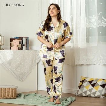 

JULY'S SONG Women Faux Silk Pajamas Set 2 Pieces Summer Casual Comfortable Large Size Loose Printing Homewear Female Sleepwear
