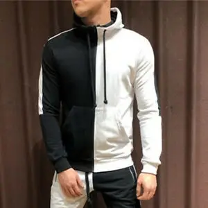 Black and white top Мужской спортивный костюм, толстовка с капюшоном, топ и штаны, для бега, для спортзала, простой, на молнии, на шнурке, с карманом, в полоску, сплайсинг, тонкий, персональный костюм - Цвет: Black and white top