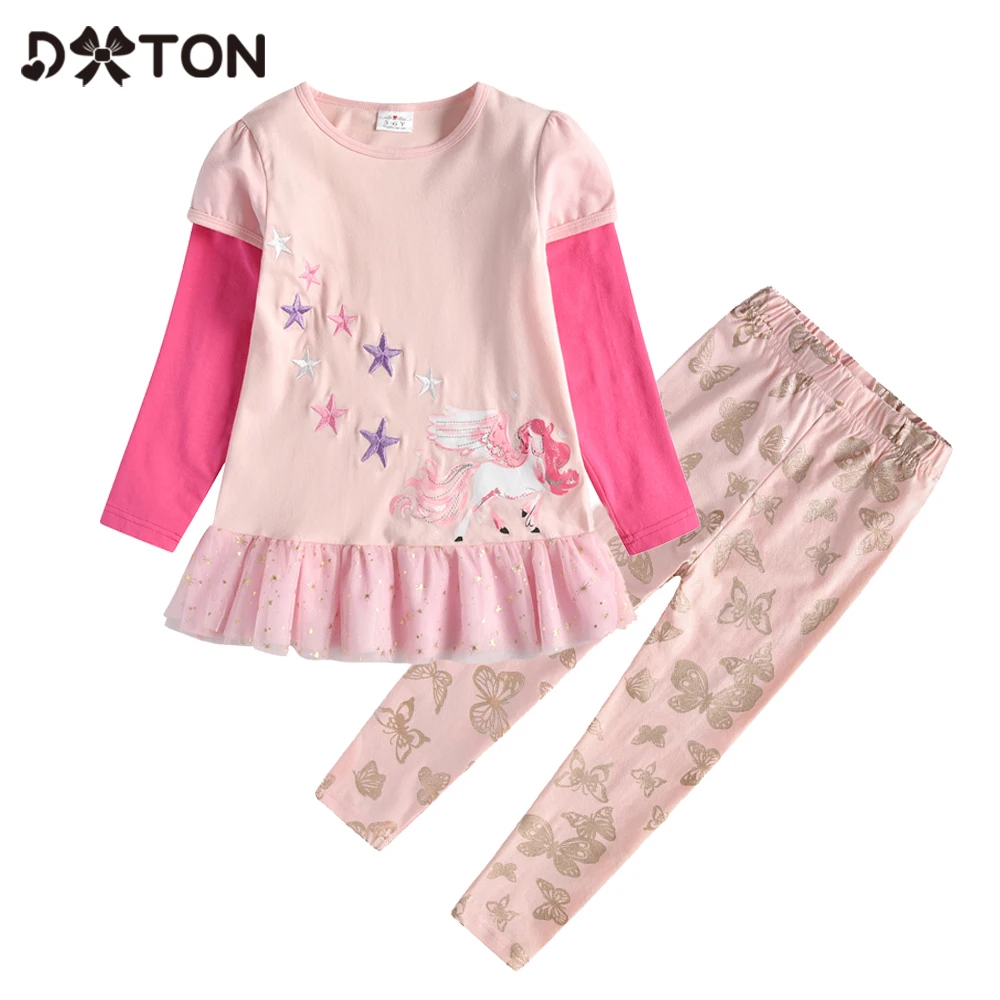 

DXTON Winter Children Clothing Set Long Sleeve Girls T-shirts+Skinny Pants Unicorn Kids Tops Butterfly Princess Cotton Costumes