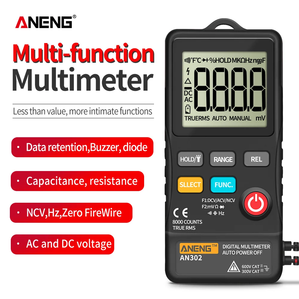 ANENG AN302 Digital Multimeter 8000Count Ture RMS Resistance Voltage Meter GHS 