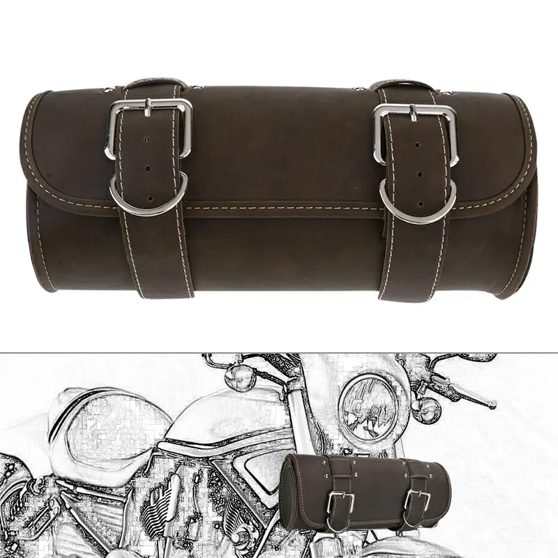 Brown Motorcycle Saddlebag Roll Barrel Bag Storage Leather Tool Pouch