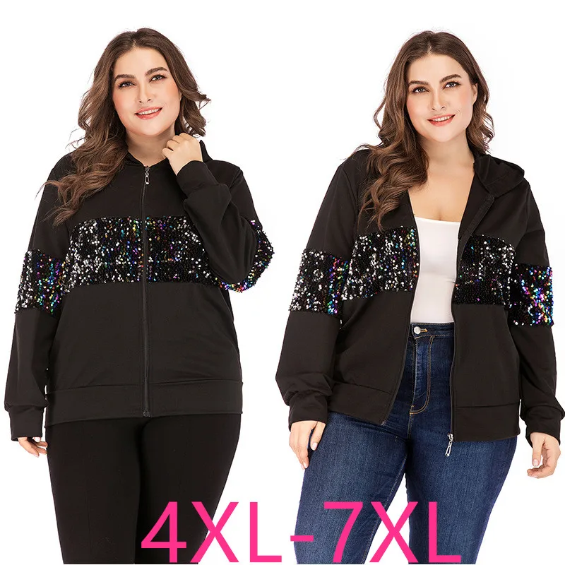 buy  Autumn winter plus size jacket for women large casual loose long sleeve sequin zipper sport short c